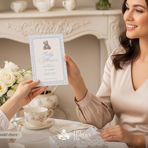 Teddy Bear Baby Shower Invitation Suite Template, Blue Gingham Invite, Editable Baby Boy Stationery, Vintage Cottagecore Style - BABY BEAR image 5