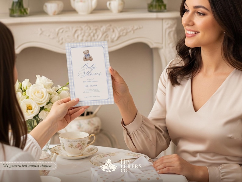 Teddy Bear Baby Shower Invitation Suite Template, Blue Gingham Invite, Editable Baby Boy Stationery, Vintage Cottagecore Style - BABY BEAR image 5