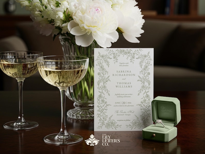 Puede incluir: Una invitaci&oacute;n de boda con dise&ntilde;o floral, champ&aacute;n en dos copas y un anillo en una caja verde. La invitaci&oacute;n dice "Sabrina Richardson y Thomas Williams" con la fecha 20 de junio de 2026. Un jarr&oacute;n de flores blancas est&aacute; en el fondo.