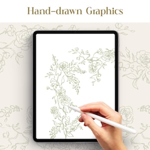 Puede incluir: Una tableta negra muestra un dise&ntilde;o floral dibujado a mano en verde. Las palabras "Hand-drawn Graphics" est&aacute;n en la parte superior. Una mano sostiene un l&aacute;piz &oacute;ptico blanco, creando la ilustraci&oacute;n floral en la pantalla. El fondo presenta un patr&oacute;n floral repetido.