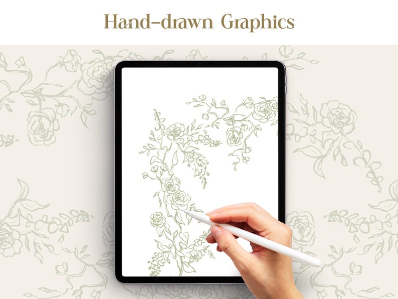 Puede incluir: Una tableta negra muestra un dise&ntilde;o floral dibujado a mano en verde. Las palabras "Hand-drawn Graphics" est&aacute;n en la parte superior. Una mano sostiene un l&aacute;piz &oacute;ptico blanco, creando la ilustraci&oacute;n floral en la pantalla. El fondo presenta un patr&oacute;n floral repetido.