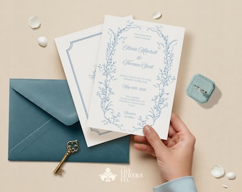 Klasyczny szablon zaproszenia ślubnego, zaproszenie w kolorze brudnego błękitu, edytowalna papeteria kwiatowa, elegancka w stylu vintage, francuska estetyka – CLASSIC BLUE