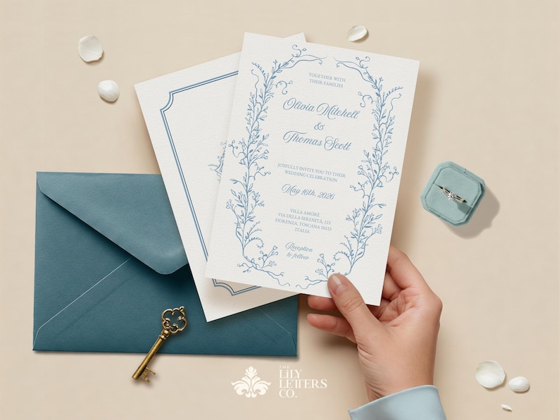 May include: A white wedding invitation with blue floral illustrations and the text "Together with their families, Olivia Mitchell & Thomas Scott,  Warmly invite you to their wedding celebration, May 10th, 2020, Villa Borghese, Via della Margherita, 12, 00198, Rome, Italy, Reception to follow".