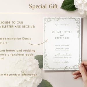 K&ouml;nnte beinhalten: Eine Hochzeitseinladung mit den Namen "Charlotte und Edward" in eleganter Schrift, umrahmt von einem zarten floralen Rand. Die Einladung wird von einer Hand gehalten, mit einer Ringschatulle sichtbar. Text: "Special Gift".