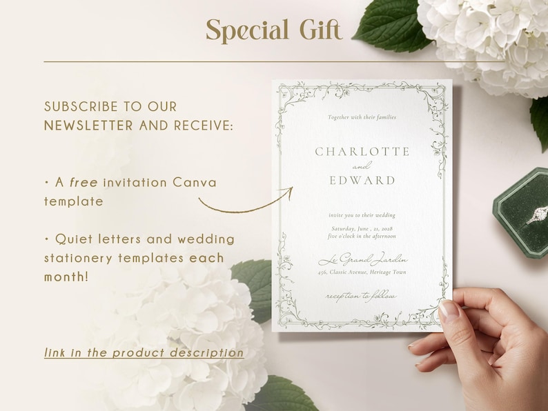 K&ouml;nnte beinhalten: Eine Hochzeitseinladung mit den Namen "Charlotte und Edward" in eleganter Schrift, umrahmt von einem zarten floralen Rand. Die Einladung wird von einer Hand gehalten, mit einer Ringschatulle sichtbar. Text: "Special Gift".