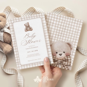 Baby Shower Invitation Template, Teddy Bear Editable Invite, Neutral Beige Brown Gingham Stationery, Vintage Cottagecore Style - BABY BEAR