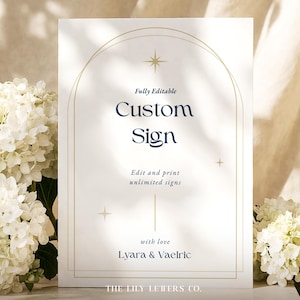 Può includere: Un cartello rettangolare bianco con un bordo dorato ad arco e dettagli a stella. Il testo recita: Fully Editable Custom Sign, Edit and print unlimited signs, with love, Lyara & Vaelric, e THE LILY LETTERS CO. in carattere blu scuro.