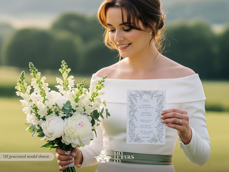 Plantillas de invitación de boda en verde salvia, diseño minimalista de jardín, papelería editable con temática de bosque, estética coqueta - INV25 imagen 15