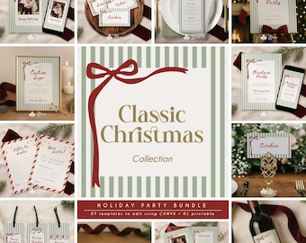 May include: A collection of Christmas-themed stationery and party supplies. Includes invitations, place cards, gift tags, and a wine bottle label. The designs feature a green and white striped background with red ribbon accents.