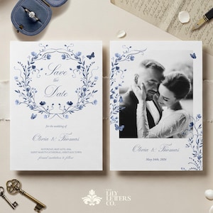 Modèle "Retenez la date" floral bleu poussiéreux, date de réservation du jardin bleu marine, papeterie minimaliste modifiable sur toile, esthétique élégante - NAVY BLOOM