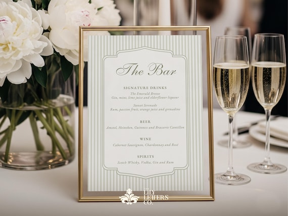 Bar Menu Sign Template, Sage Green Wedding Drink Menu, Printable Modern Wedding Signage, Editable Canva Signature Cocktails - SECRET GARDEN