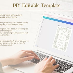 Puede incluir: Un port&aacute;til que muestra una plantilla editable de bricolaje con el texto "DIY Editable Template" en la parte superior. La pantalla muestra un dise&ntilde;o de invitaci&oacute;n de boda. El texto en la pantalla dice "EDIT YOUR TEMPLATE ANYTIME, ANYWHERE WITH CANVA". Tambi&eacute;n se ven instrucciones.