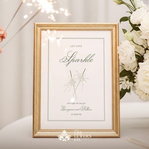 May include: A framed wedding sign with gold trim, featuring the word "Sparkle" in elegant script. The sign includes the names of the couple and the time of the event. Sparklers are held in the background, with white flowers in a vase.