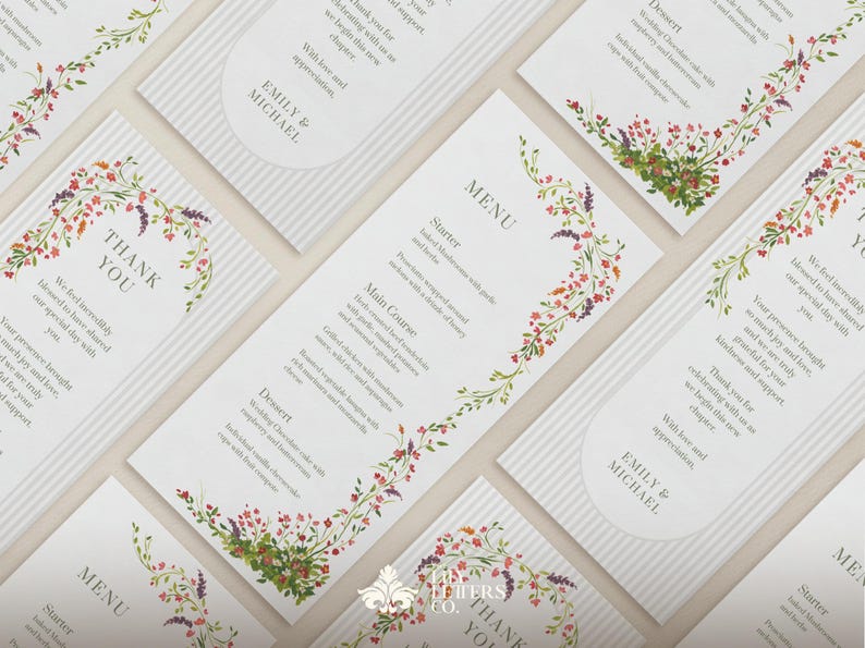 Spring Wedding Menu Template, Printable Thank You Card, Napkin Note ...