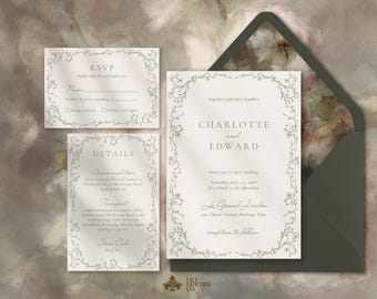 Sage Green Vintage Wedding Invitation Template Set, Minimalist Garden Invite Suite, Canva Digital Stationery, Romantic Baroque Style - INV32