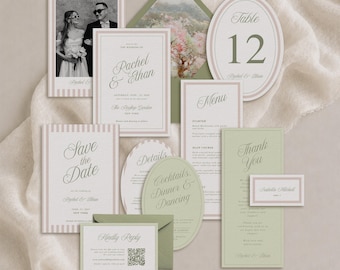 May include: A wedding stationery set featuring sage green and soft pink accents. Includes a photo card, invitation, menu, table number 12, save the date, details card, thank you note, place card, and RSVP card with a QR code. The Lily Letters Co. branding.
