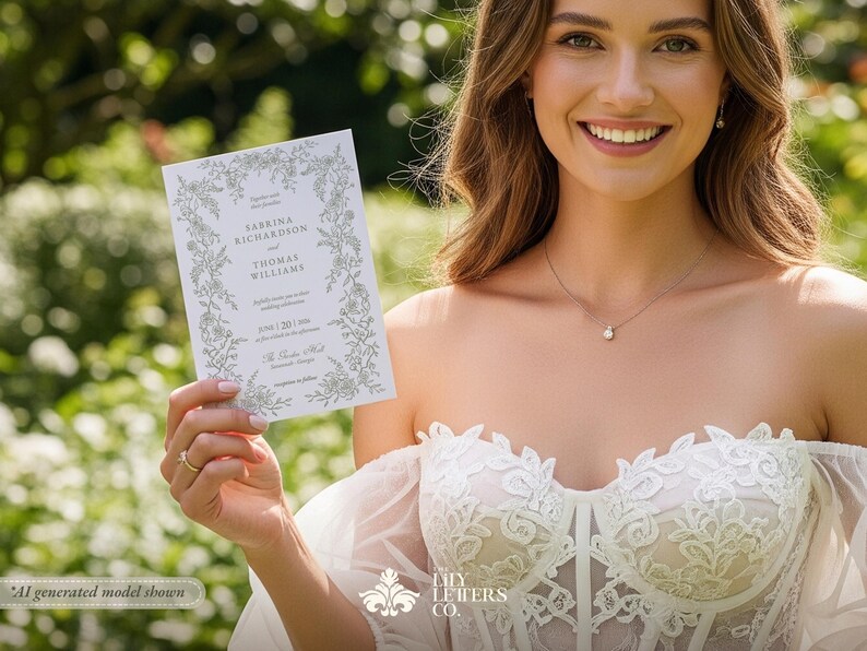 Plantillas de invitación de boda en verde salvia, diseño minimalista de jardín, papelería editable con temática de bosque, estética coqueta - INV25 imagen 7