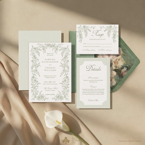 Sage Green Wedding Invitation Template Set, Minimalist Garden Invite Suite, Editable Woodland Stationery, Coquette Aesthetic - INV25