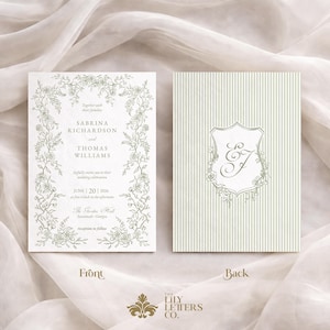 Puede incluir: Invitaci&oacute;n de boda con borde floral. La parte delantera presenta los nombres Sabrina Richardson y Thomas Williams, con la fecha de la boda el 20 de junio de 2026. La parte trasera tiene un monograma dentro de un escudo floral sobre un fondo a rayas.