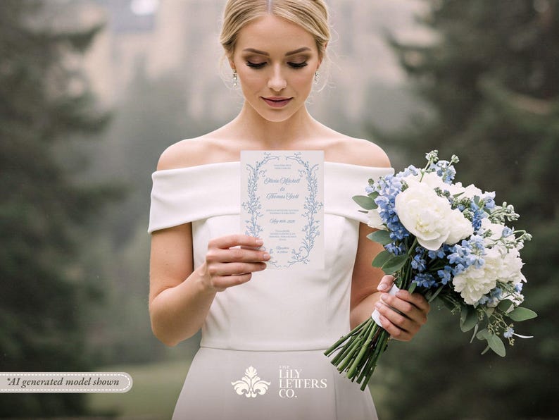Classic Wedding Invitation Suite Template, Dusty Blue Invite, Editable Floral Stationery, Vintage Elegant, French Aesthetic - CLASSIC BLUE image 3