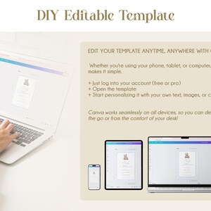 May include: A laptop showing a DIY editable template, with the text "DIY Editable Template" at the top. The image also shows a phone, tablet, and another laptop, all displaying the same template. The Canva logo is visible.
