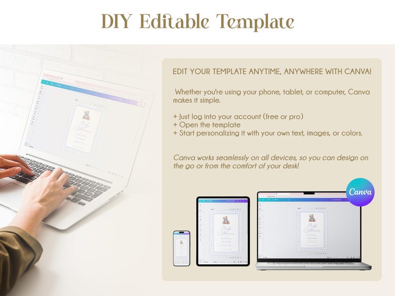 May include: A laptop showing a DIY editable template, with the text "DIY Editable Template" at the top. The image also shows a phone, tablet, and another laptop, all displaying the same template. The Canva logo is visible.