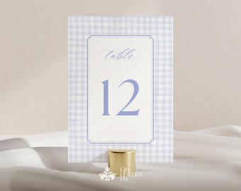 Blue Baby Shower Table Number Card Template, Teddy Bear Editable Table Sign, Gingham Stationery, Baby Boy, Vintage Cottagecore - BABY BEAR