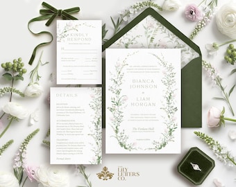 Classic Floral Wedding Invitation Template Suite, Watercolor Flower Invite, Editable Vintage Stationery Set, Romantic Aesthetic - FLORA VEIL