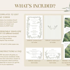May include: A beige wedding invitation suite with floral and hummingbird illustrations. Includes invitation templates, detail cards, RSVP cards, and envelope liners. Text reads "WHAT'S INCLUDED?" and "TEMPLATES TO EDIT USING CANVA".