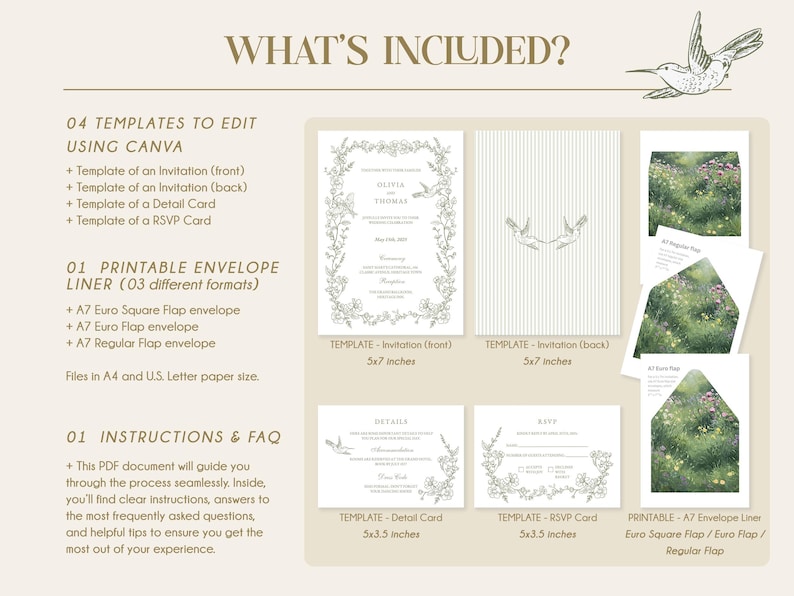 May include: A beige wedding invitation suite with floral and hummingbird illustrations. Includes invitation templates, detail cards, RSVP cards, and envelope liners. Text reads "WHAT'S INCLUDED?" and "TEMPLATES TO EDIT USING CANVA".