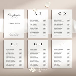 Modello di schema alfabetico dei posti a sedere, schema classico dei posti a sedere per matrimoni, elegante cartello "Trova il tuo posto" dalla A alla Z, estetica moderna - BLANC & NOIR
