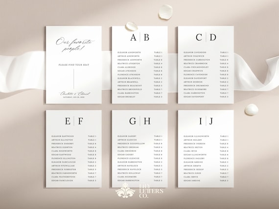 Alphabetical Seating Chart Cards Template, Classic Wedding Seating Plan, Elegant A to Z Find Your Seat Sign, Modern Aesthetic - BLANC & NOIR