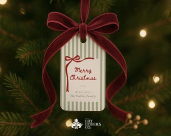 Weihnachtsgeschenkanhänger Vorlage, druckbares elegantes Feiertags-Bevorzugungsetikett, Canva bearbeitbares grün gestreiftes Etikett, personalisiertes frohes Weihnachtsetikett - HK01