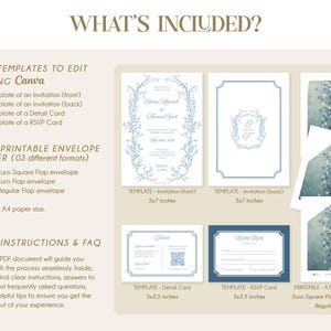May include: A digital download of wedding invitation templates for Canva. The templates include an invitation front and back, a detail card, and an RSVP card. The design features a floral wreath with blue accents. Also included are printable envelope liners in three sizes: A7 Euro Square Flap, A7 Euro Flap, and A7 Regular Flap.