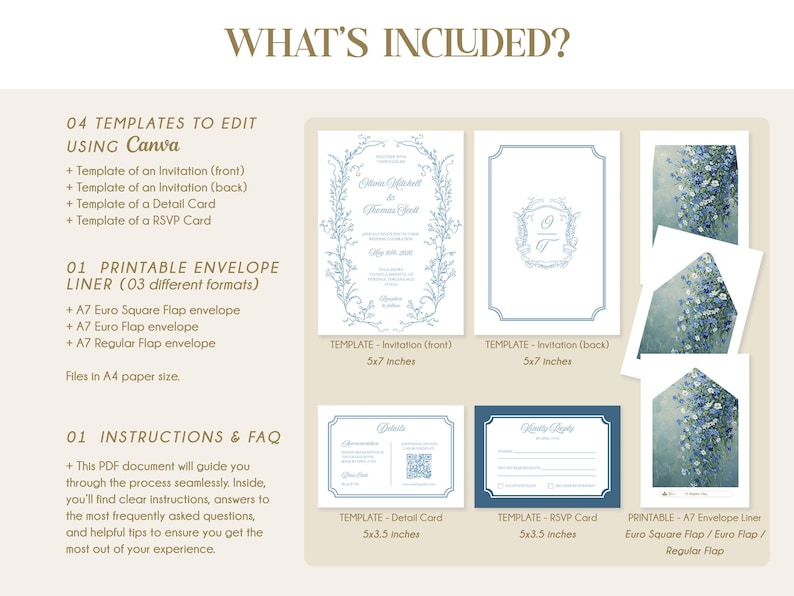 May include: A digital download of wedding invitation templates for Canva. The templates include an invitation front and back, a detail card, and an RSVP card. The design features a floral wreath with blue accents. Also included are printable envelope liners in three sizes: A7 Euro Square Flap, A7 Euro Flap, and A7 Regular Flap.