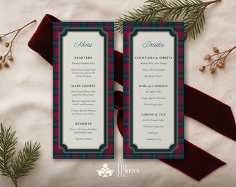 Preppy Christmas Party Menu Template, Plaid Classic Holiday Menu, Printable Drinks Card, Napkin Note, Canva Editable Stationery - HC04