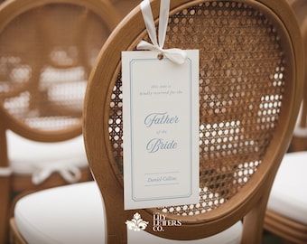 Reserved Chair Tag Template, Classic Wedding Seating Sign, Ceremony Family Seat, Editable Canva Chair Label, French Aesthetic - CLASSIC BLUE