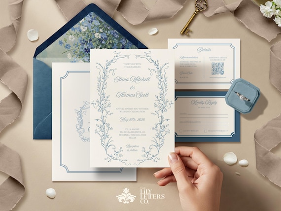 Classic Wedding Invitation Suite Template, Dusty Blue Invite, Editable Floral Stationery, Vintage Elegant, French Aesthetic - CLASSIC BLUE