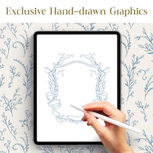 May include: A digital tablet displaying a hand-drawn graphic of a blue floral wreath with a shield in the center. The wreath is on a white background. A hand is holding a stylus and drawing on the tablet.
