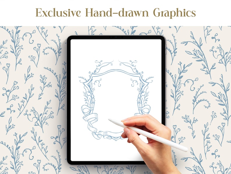 May include: A digital tablet displaying a hand-drawn graphic of a blue floral wreath with a shield in the center. The wreath is on a white background. A hand is holding a stylus and drawing on the tablet.