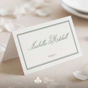 Modello classico per segnaposto per matrimonio, con icona per la scelta del pasto, elegante cartellino con nome per la cena verde salvia, biglietto modificabile Canva - LETTERE A PEMBERLEY