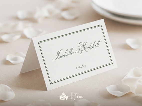 Classic Wedding Place Card Template, With Meal Choice Icon, Elegant Sage Green Dinner Name Tag, Canva Editable Card - LETTERS TO PEMBERLEY