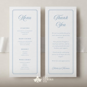 May include: A pair of wedding stationery cards, one a menu and the other a thank you note. Both are white with a light blue border and text. The menu lists starters, main courses, dessert, and a wine chart. The thank you card includes a message of gratitude.