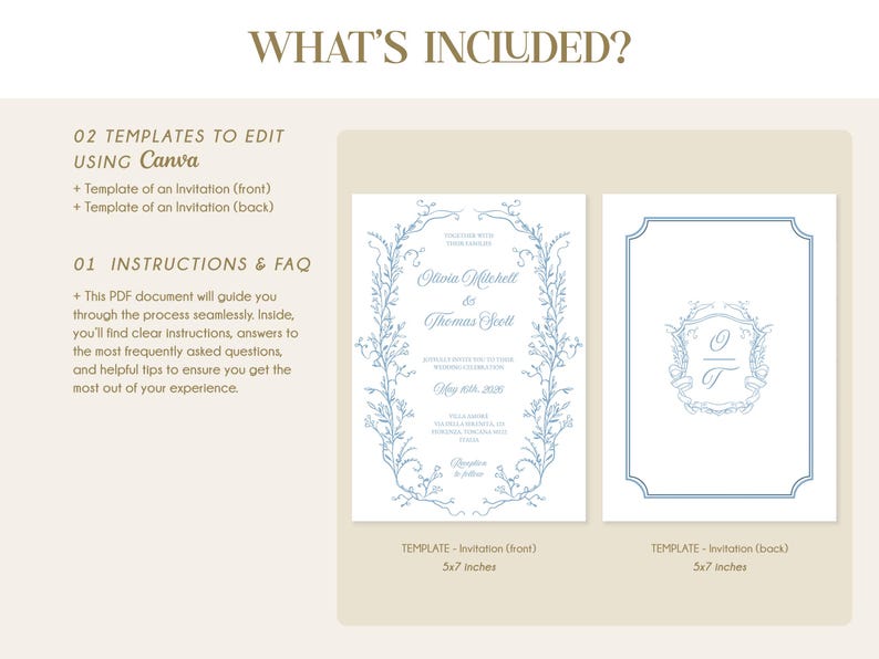 May include: Two printable wedding invitation templates in Canva format. The front template features a floral design with the text "Olivia Mitchell & Thomas Scott" and the back template features a monogram with the initials "O & T". Both templates are 5x7 inches.