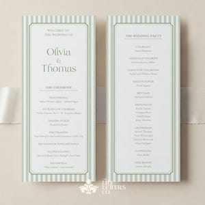 May include: Two wedding programs with a light green and white striped border. The programs list the wedding details, including the names Olivia & Thomas, the ceremony details, and the wedding party. The programs are on a neutral background.