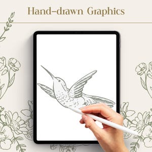 May include: A digital illustration of a hummingbird is being drawn on a tablet with a stylus. The tablet is black, and the hummingbird is sketched in gray. The words "Hand-drawn Graphics" are at the top. Floral illustrations frame the tablet.