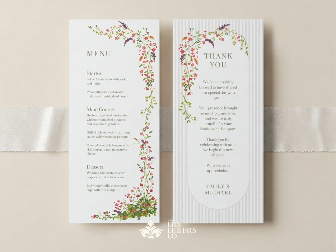 Simple Spring Menu Template Spring Wedding Menu Template, Printable Thank You Card, Napkin Note ...