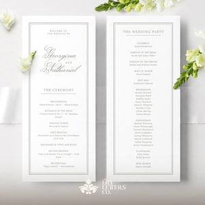 May include: Two elegant wedding programs with a white background. The programs feature the names "Georgina and Nathaniel" in script. The text includes details about the ceremony and wedding party. White flowers and ribbon are in the background.