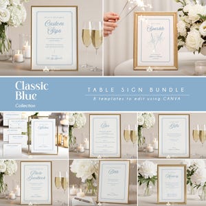 May include: A collection of eight Classic Blue table sign templates, including "Custom Sign", "Sparkle", "Wishes", "Bar", "Gifts", "Photo Guestbook", "Bible", and "Memory". Each sign is in a gold frame.
