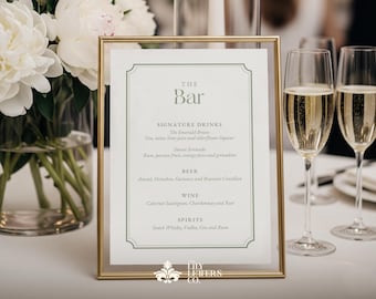 Bar Menu Sign Template, Sage Green Wedding Drink Menu, Printable Modern Signage, Editable Canva Signature Cocktail, French Aesthetic - INV22